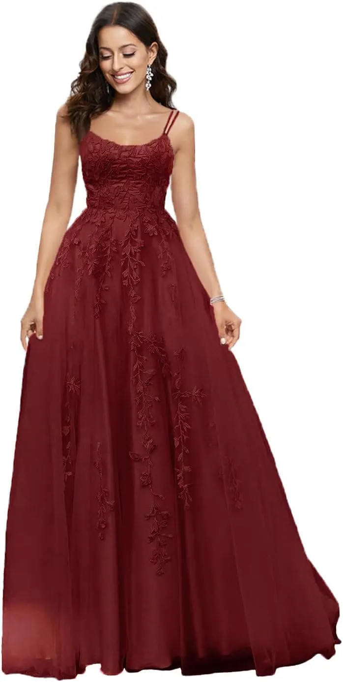 MllesReve Spaghetti Strap Long Tulle Prom Dresses Backless Corset Back Lace Applique Women Formal Evening Dress
