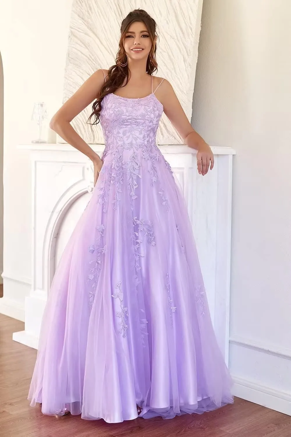 MllesReve Spaghetti Strap Long Tulle Prom Dresses Backless Corset Back Lace Applique Women Formal Evening Dress