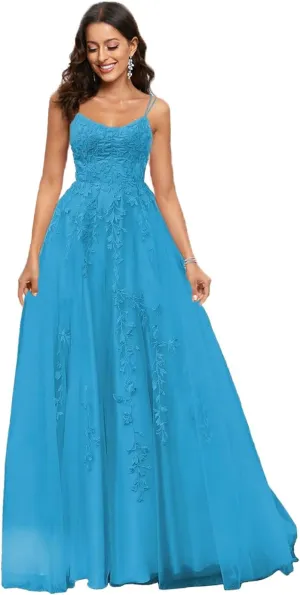 MllesReve Spaghetti Strap Long Tulle Prom Dresses Backless Corset Back Lace Applique Women Formal Evening Dress