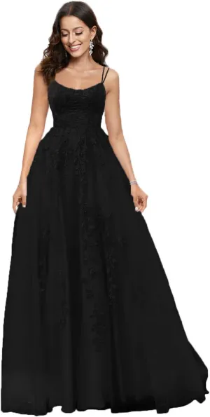 MllesReve Spaghetti Strap Long Tulle Prom Dresses Backless Corset Back Lace Applique Women Formal Evening Dress