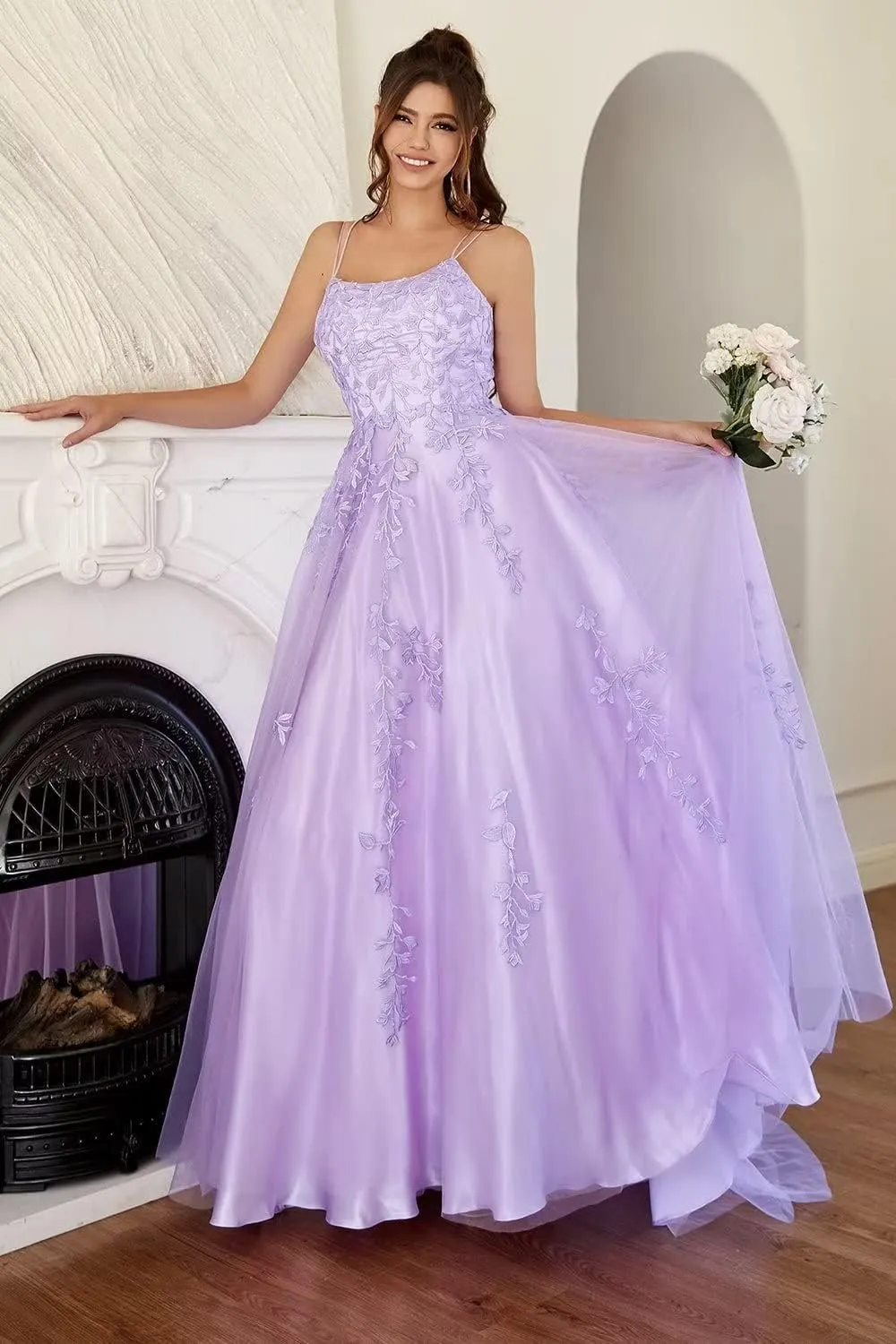 MllesReve Spaghetti Strap Long Tulle Prom Dresses Backless Corset Back Lace Applique Women Formal Evening Dress