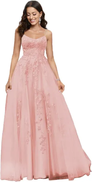 MllesReve Spaghetti Strap Long Tulle Prom Dresses Backless Corset Back Lace Applique Women Formal Evening Dress
