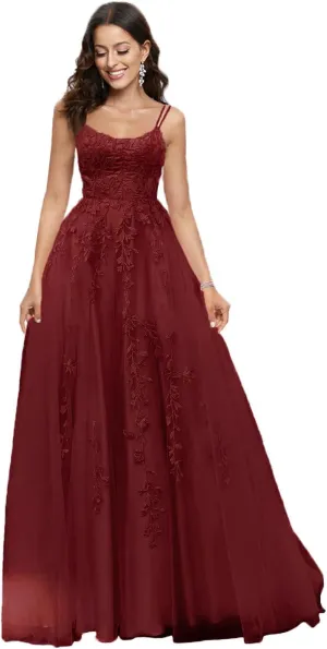MllesReve Spaghetti Strap Long Tulle Prom Dresses Backless Corset Back Lace Applique Women Formal Evening Dress