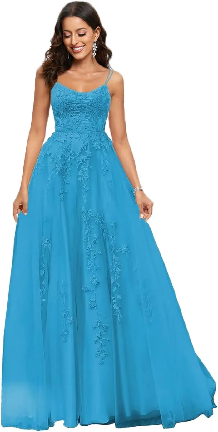 MllesReve Spaghetti Strap Long Tulle Prom Dresses Backless Corset Back Lace Applique Women Formal Evening Dress