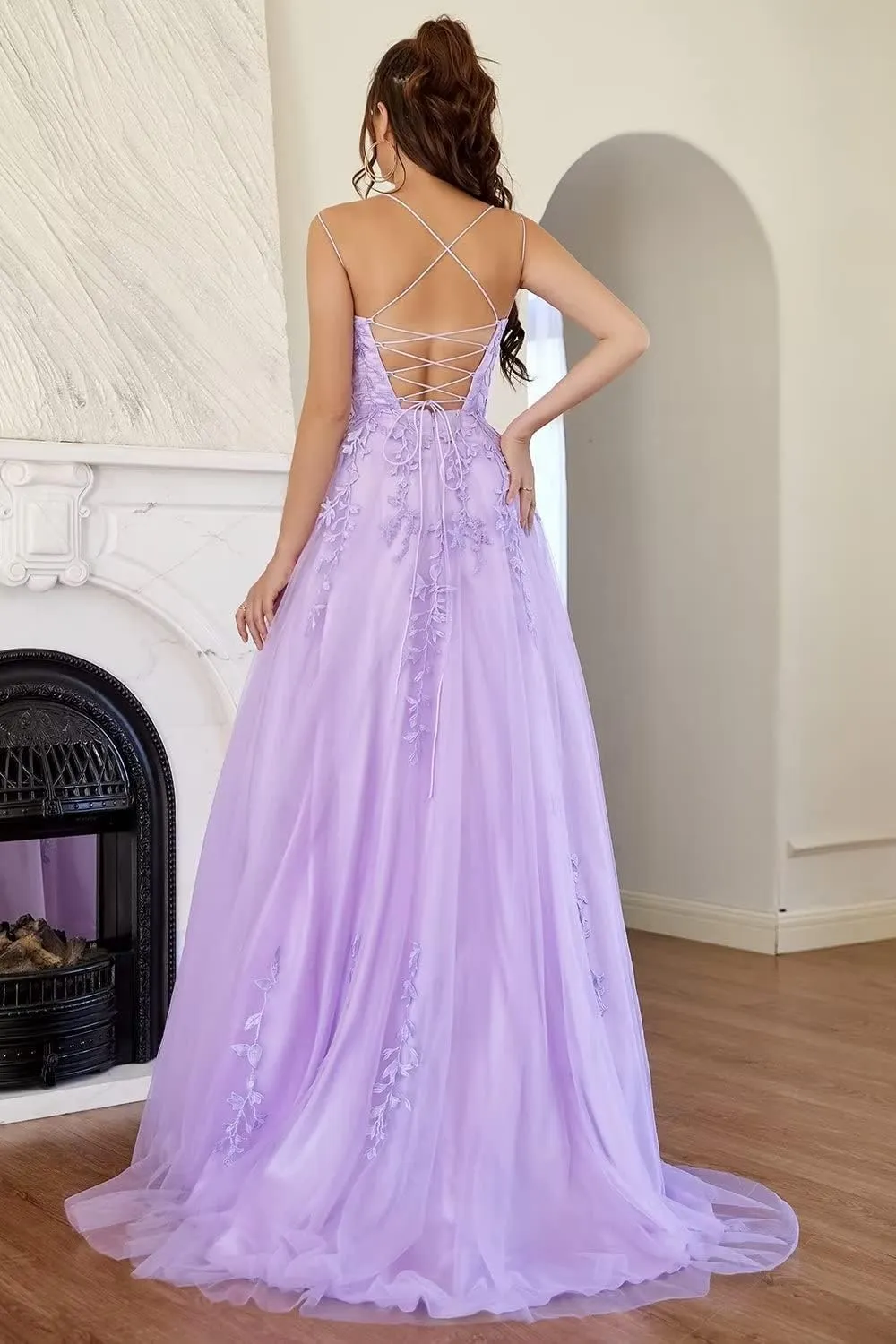 MllesReve Spaghetti Strap Long Tulle Prom Dresses Backless Corset Back Lace Applique Women Formal Evening Dress