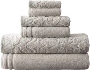 Modern Threads 6-Piece Damask Jacquard/Solid Ultra Soft 550GSM 100% Combed Cotton Towel Set with Embellished Borders [Gray]