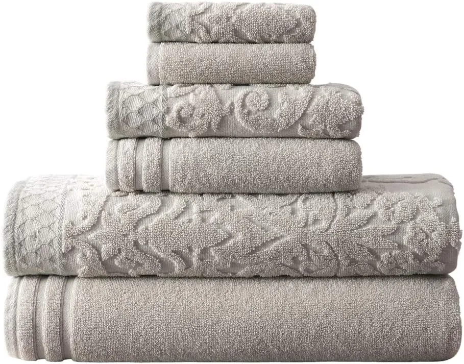 Modern Threads 6-Piece Damask Jacquard/Solid Ultra Soft 550GSM 100% Combed Cotton Towel Set with Embellished Borders [Gray]