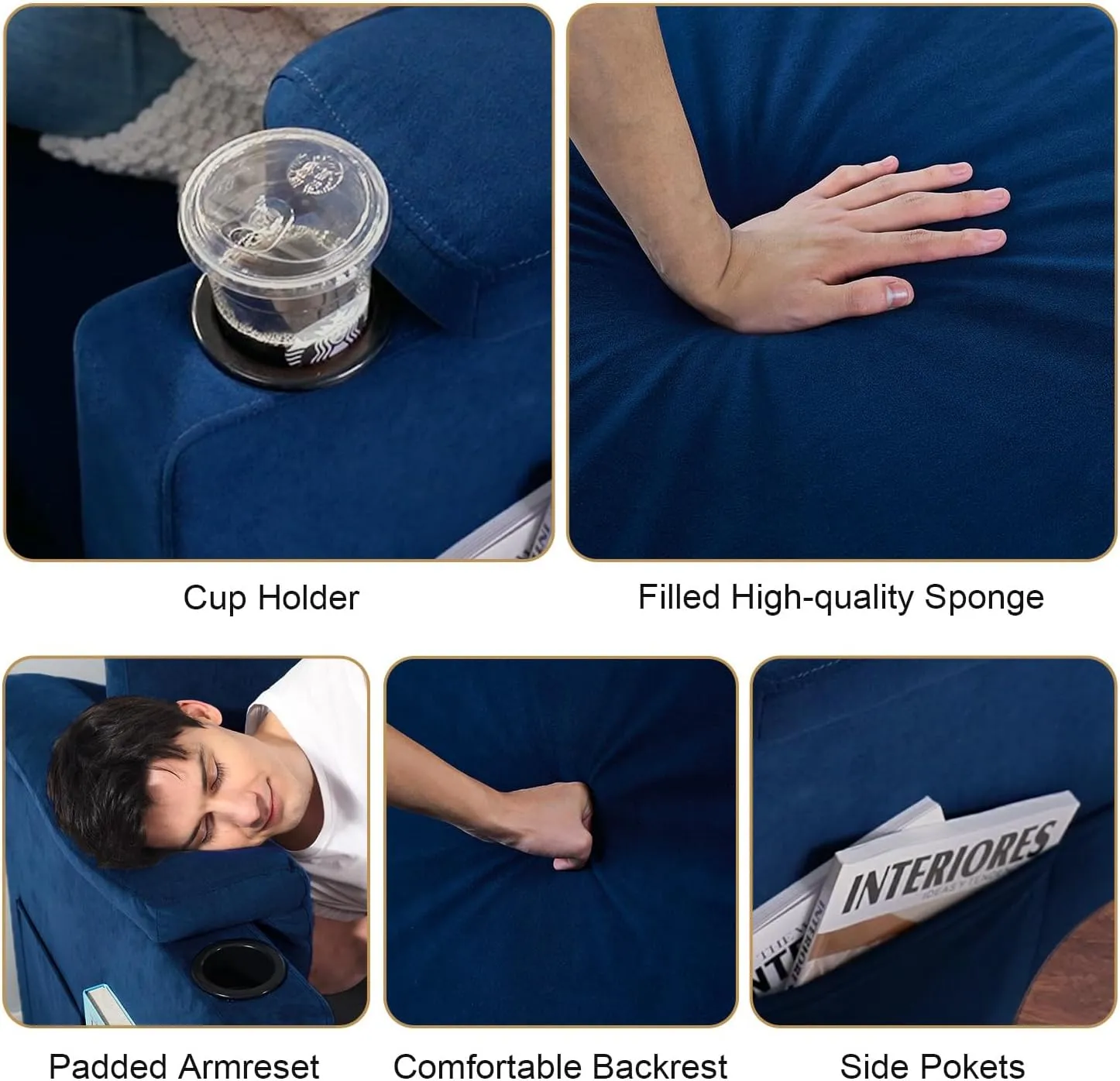 Modular Sectional Sofa Couch for Living Room Velvet Couches Oversized U Shaped Sectional Couch Convertible Sleeper Sofa Chaise Padded Armrests Washable Cover Cup Holder (Blue, 8 Seats)