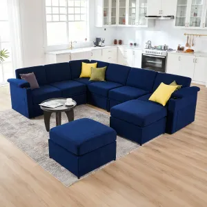 Modular Sectional Sofa Couch for Living Room Velvet Couches Oversized U Shaped Sectional Couch Convertible Sleeper Sofa Chaise Padded Armrests Washable Cover Cup Holder (Blue, 8 Seats)