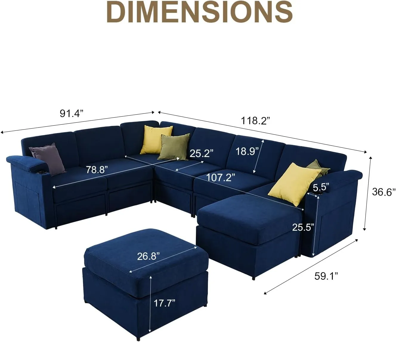 Modular Sectional Sofa Couch for Living Room Velvet Couches Oversized U Shaped Sectional Couch Convertible Sleeper Sofa Chaise Padded Armrests Washable Cover Cup Holder (Blue, 8 Seats)