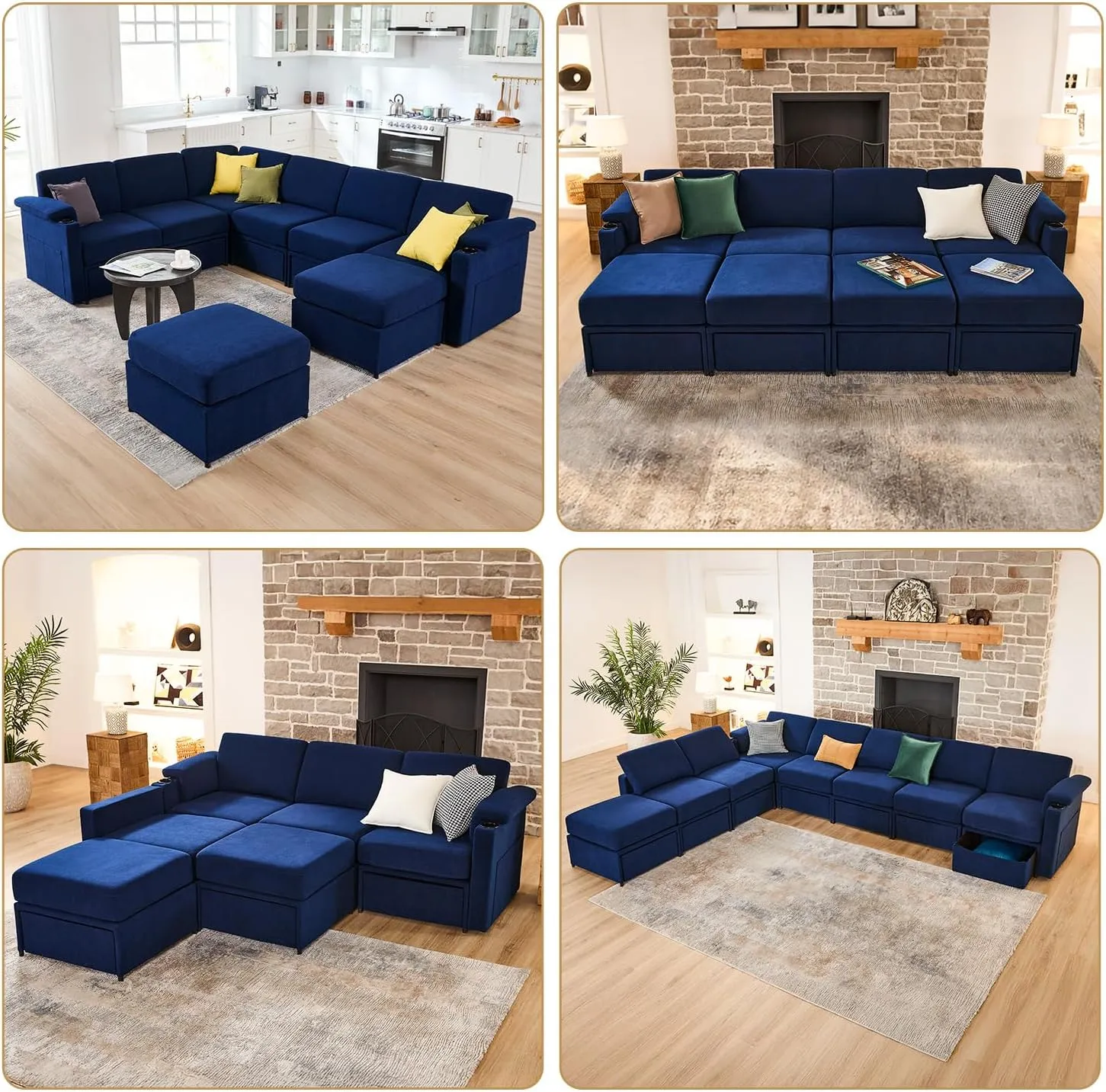 Modular Sectional Sofa Couch for Living Room Velvet Couches Oversized U Shaped Sectional Couch Convertible Sleeper Sofa Chaise Padded Armrests Washable Cover Cup Holder (Blue, 8 Seats)