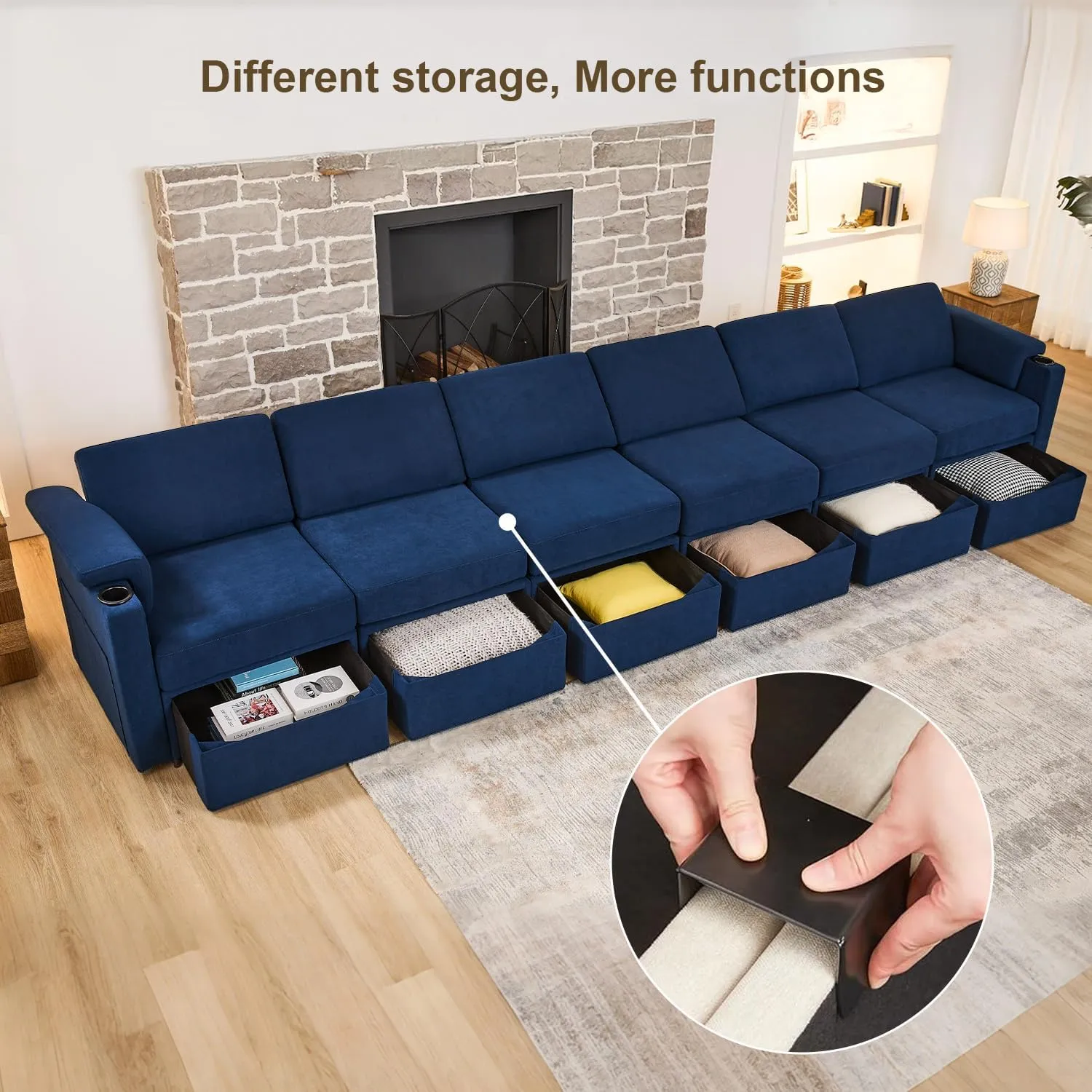 Modular Sectional Sofa Couch for Living Room Velvet Couches Oversized U Shaped Sectional Couch Convertible Sleeper Sofa Chaise Padded Armrests Washable Cover Cup Holder (Blue, 8 Seats)