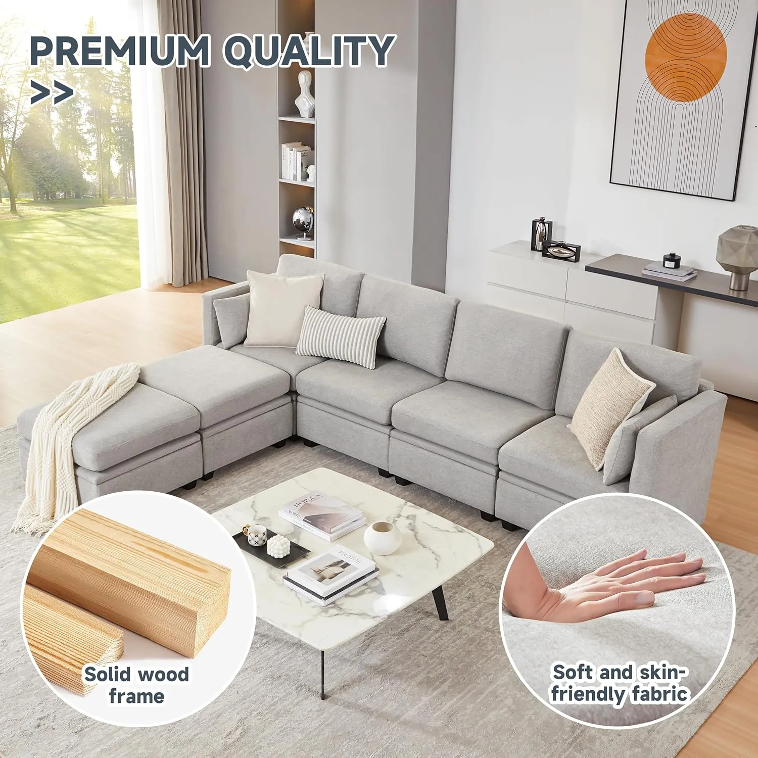 Modular Sectional Sofa with Storage, U Shaped Sectional Couch for Living Room, Convertible Modular Sofa Couch with Ottomans, High Supportive & Soft Sponge, 6 Seat, Grey