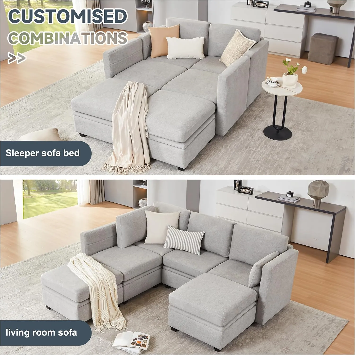 Modular Sectional Sofa with Storage, U Shaped Sectional Couch for Living Room, Convertible Modular Sofa Couch with Ottomans, High Supportive & Soft Sponge, 6 Seat, Grey