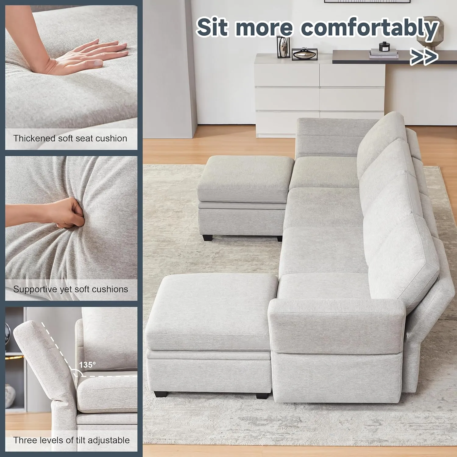 Modular Sectional Sofa with Storage, U Shaped Sectional Couch for Living Room, Convertible Modular Sofa Couch with Ottomans, High Supportive & Soft Sponge, 6 Seat, Grey