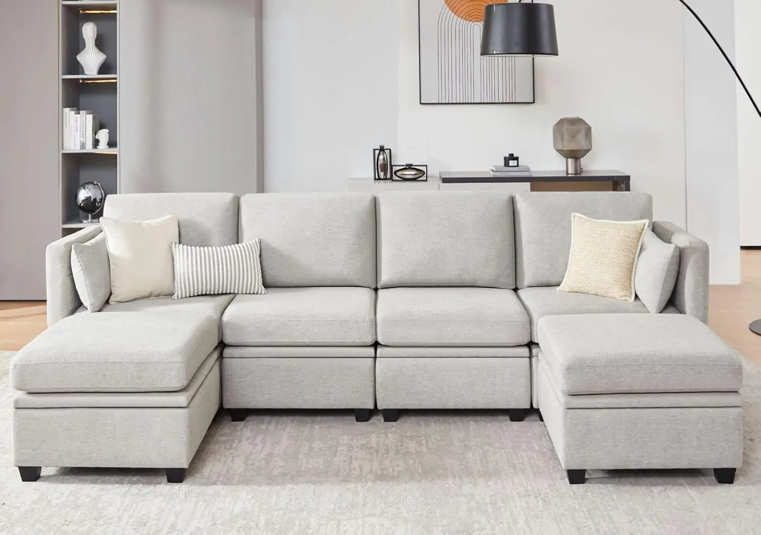 Modular Sectional Sofa with Storage, U Shaped Sectional Couch for Living Room, Convertible Modular Sofa Couch with Ottomans, High Supportive & Soft Sponge, 6 Seat, Grey