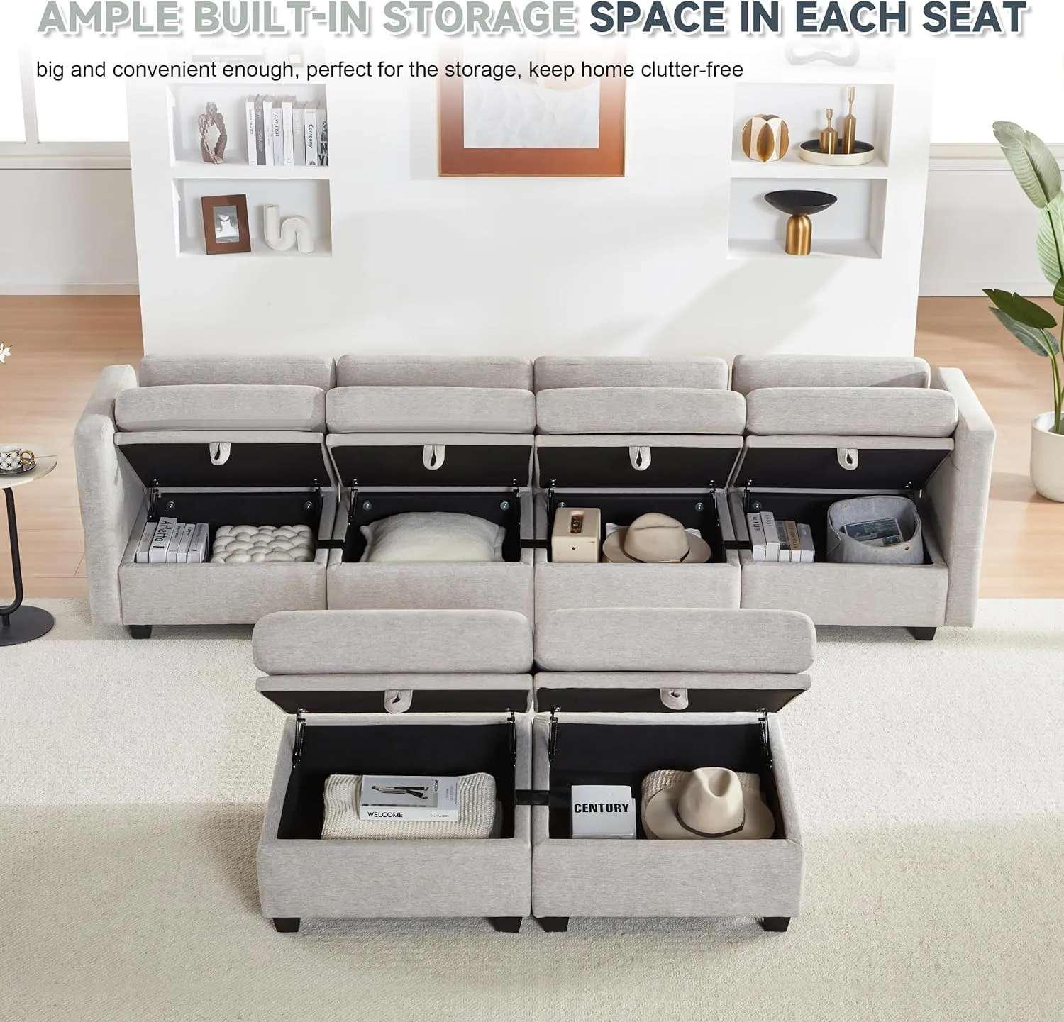 Modular Sectional Sofa with Storage, U Shaped Sectional Couch for Living Room, Convertible Modular Sofa Couch with Ottomans, High Supportive & Soft Sponge, 6 Seat, Grey