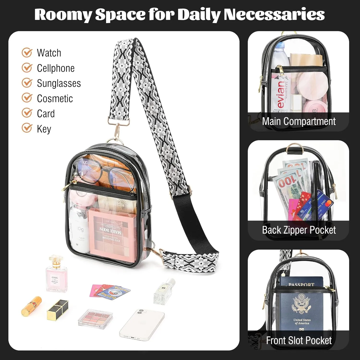 MoKo Clear Bag Stadium Approved - Multi Pockets Clear Sling Purse Crossbody Bag with Adjustable Shoulder Strap