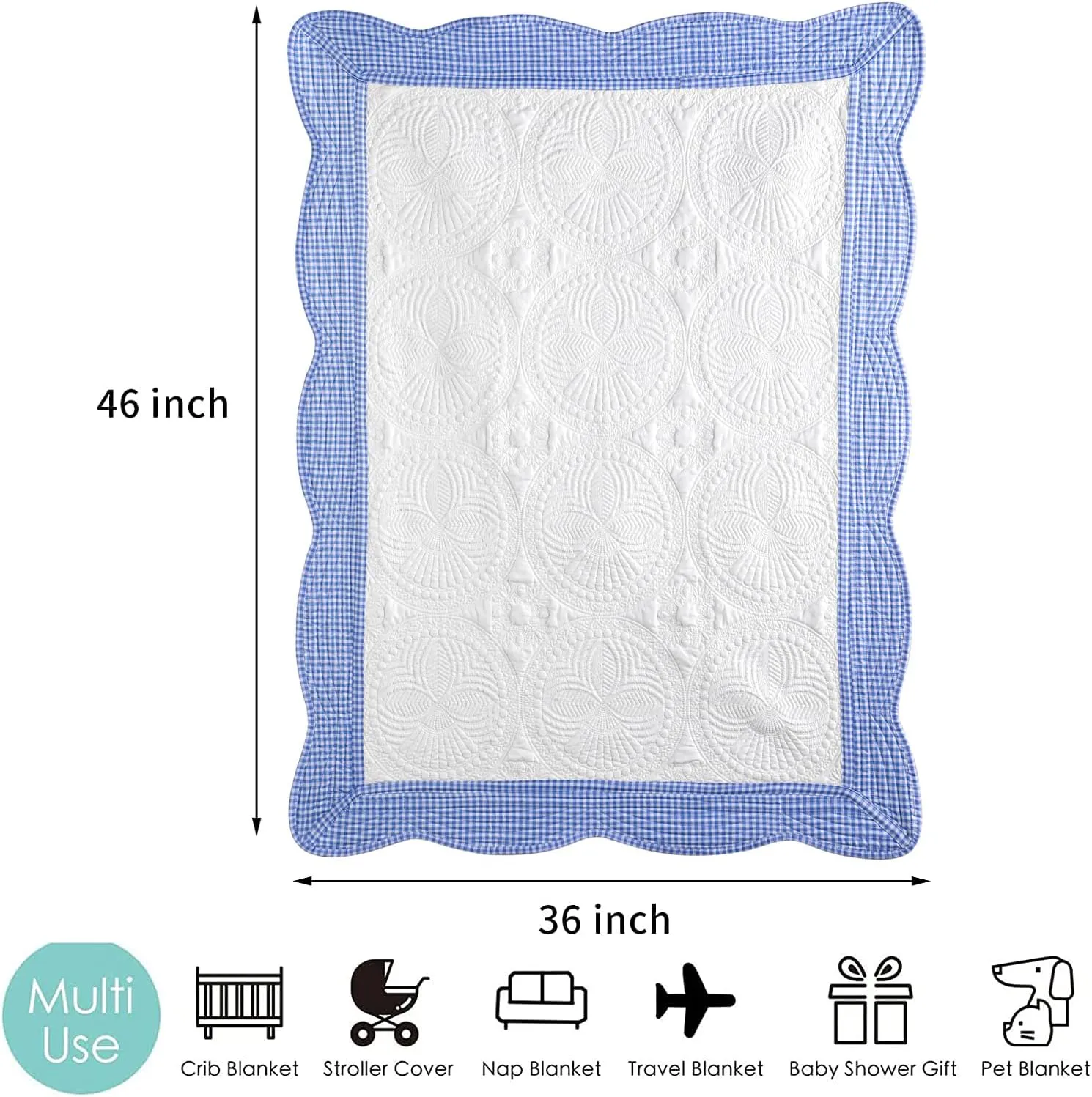 MONOBLANKS Baby Quilt Personlized Monogram Lightweight Embossed Scalloped Throw Blanket Four Seasons (Blue Gingham)