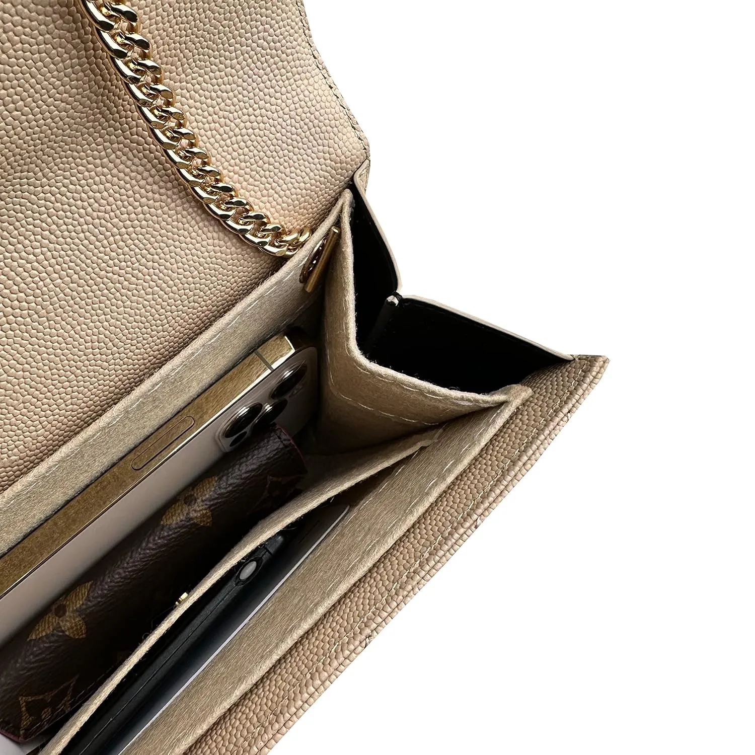 Monogram Clutch Conversion Kit with Gold Chain Wristlet Insert Wallet on Chain Cassandre Clutch Insert (Black, Chain 7 - Gold)