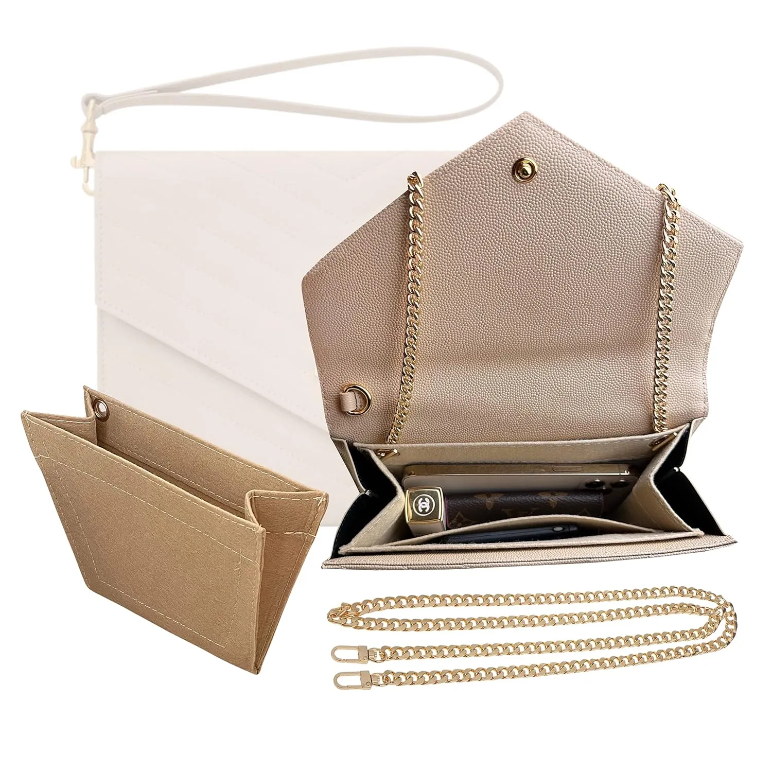 Monogram Clutch Conversion Kit with Gold Chain Wristlet Insert Wallet on Chain Cassandre Clutch Insert (Black, Chain 7 - Gold)