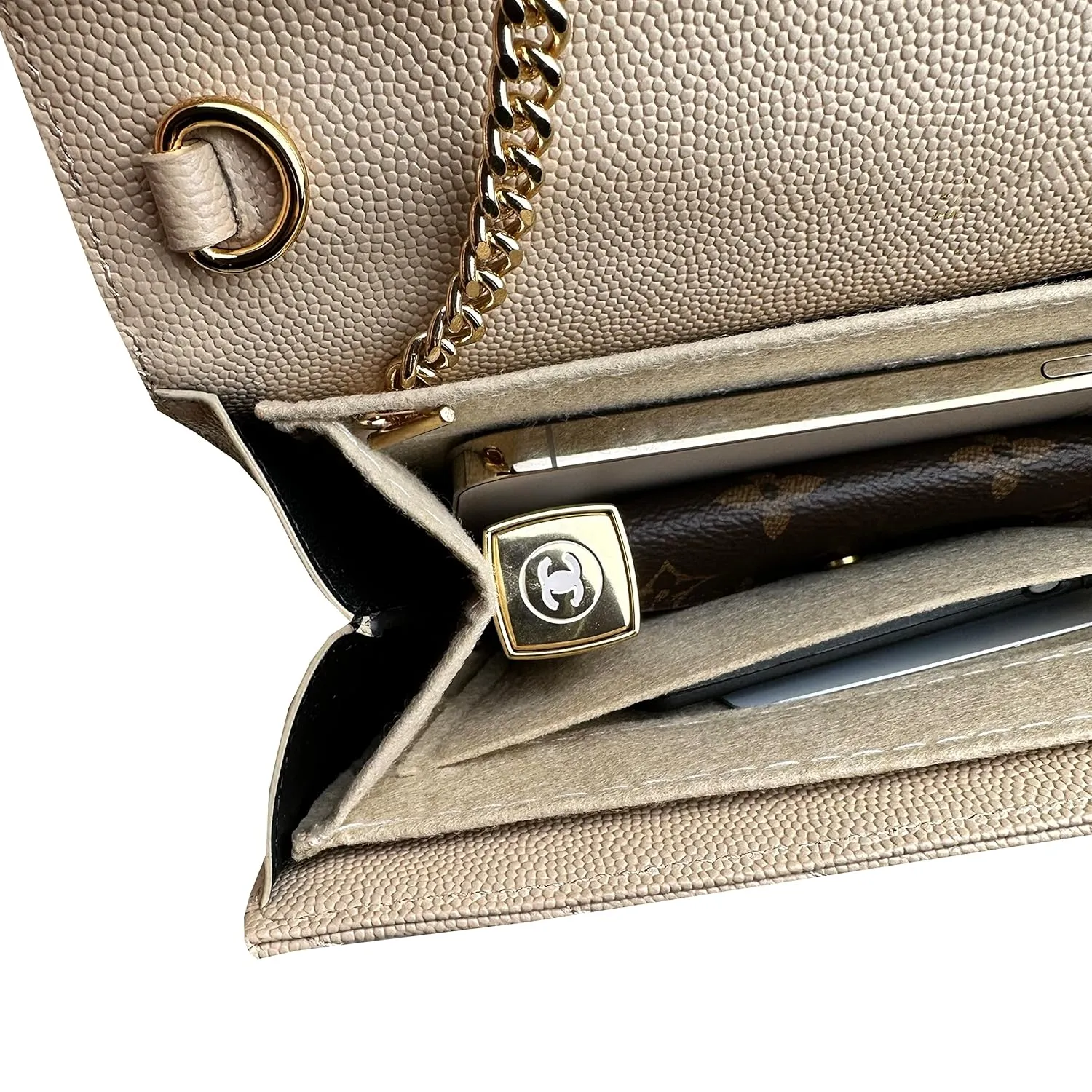 Monogram Clutch Conversion Kit with Gold Chain Wristlet Insert Wallet on Chain Cassandre Clutch Insert (Black, Chain 7 - Gold)