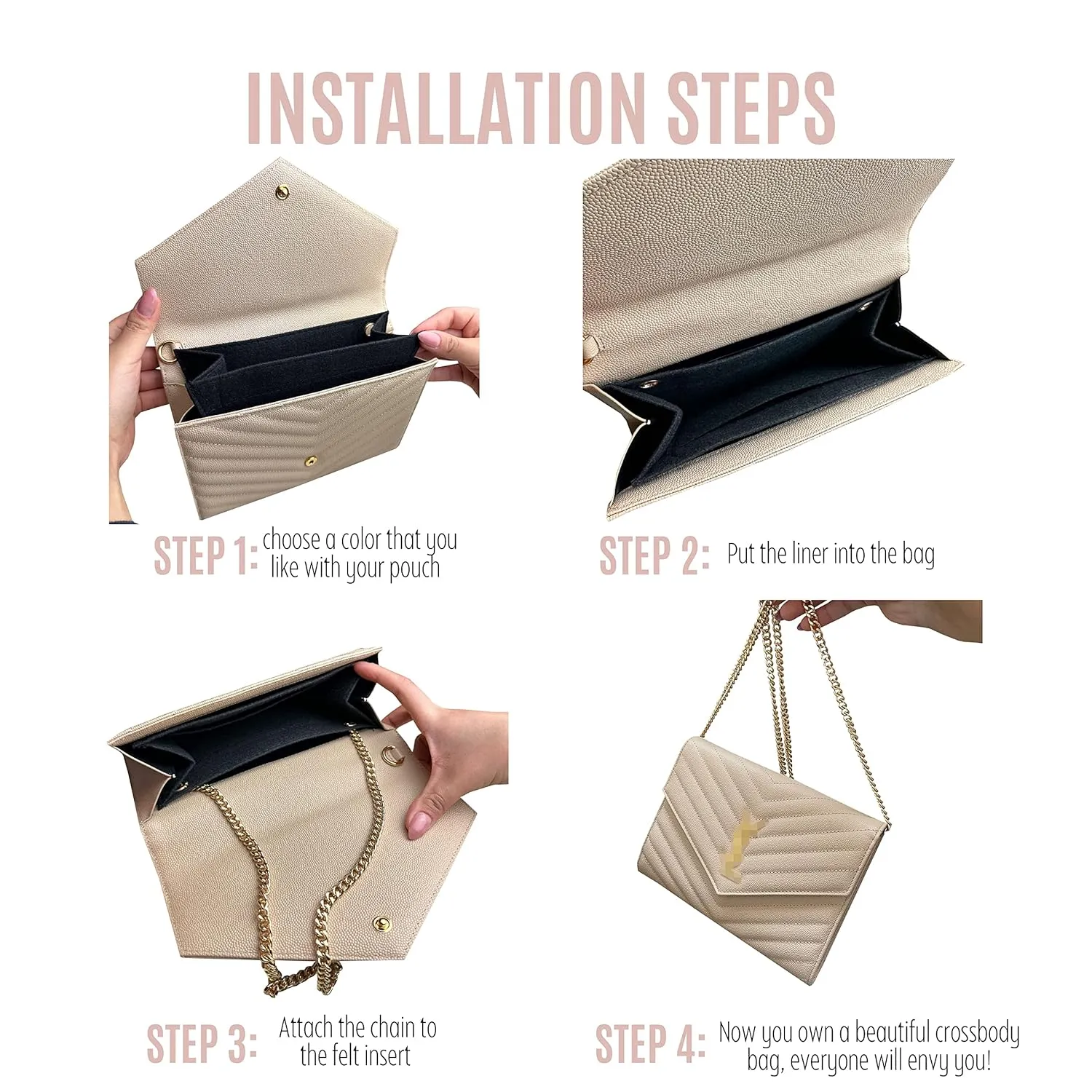 Monogram Clutch Conversion Kit with Gold Chain Wristlet Insert Wallet on Chain Cassandre Clutch Insert (Black, Chain 7 - Gold)