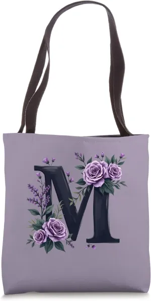 monogram initial name roses black letter M purple flowers Tote Bag