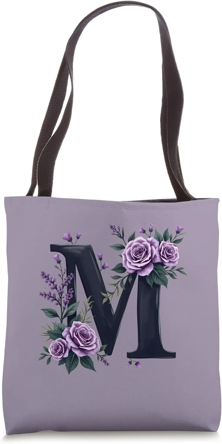 monogram initial name roses black letter M purple flowers Tote Bag