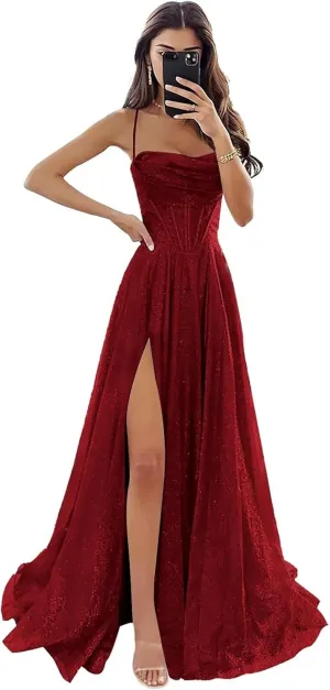 Monvelli Glitter Tulle Prom Dress Long Ball Gown 2025 Spaghetti Straps Sweetheart Formal Evening Dress with Slit