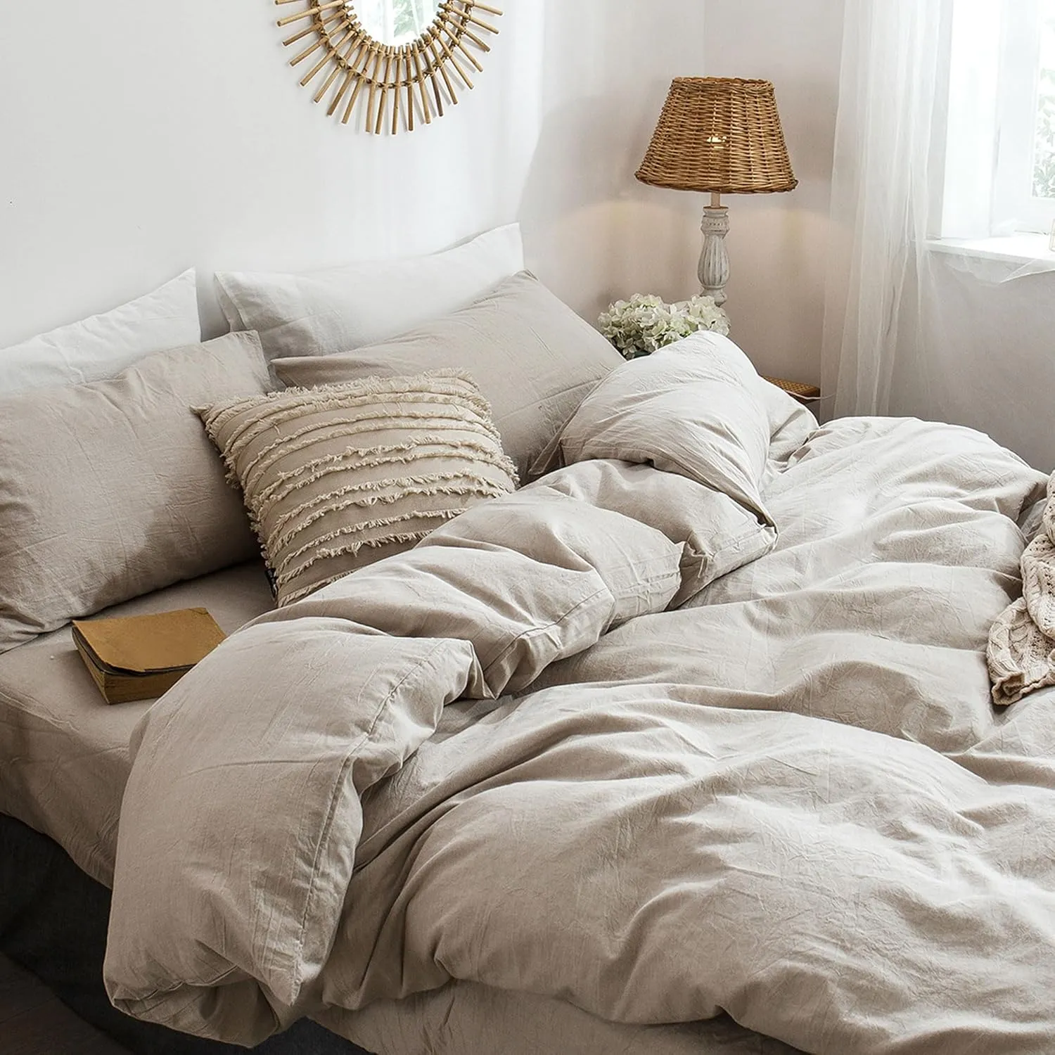 MooMee Bedding Duvet Cover Set 100% Washed Cotton Linen Like Textured Breathable Durable Soft Comfy (Heathered Tannish Linen Grey, Queen 90"x90")
