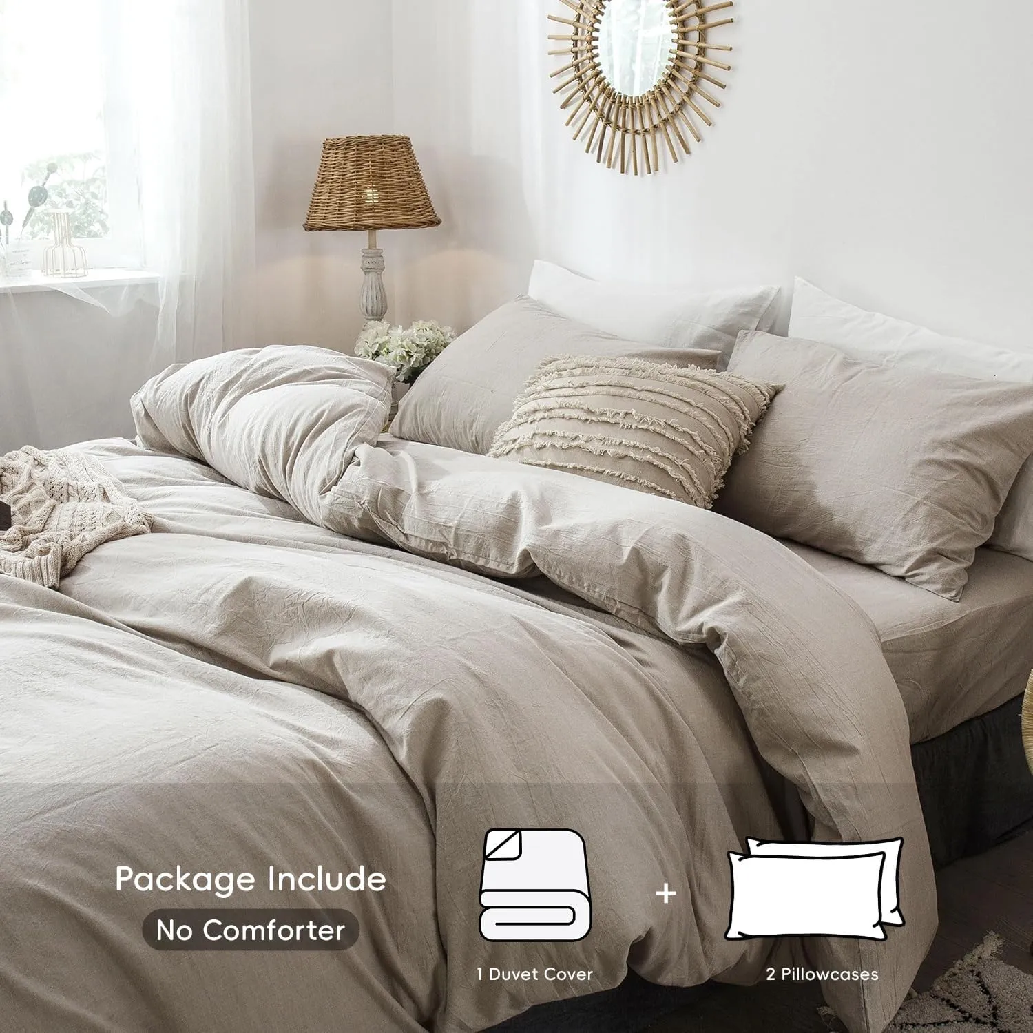 MooMee Bedding Duvet Cover Set 100% Washed Cotton Linen Like Textured Breathable Durable Soft Comfy (Heathered Tannish Linen Grey, Queen 90"x90")