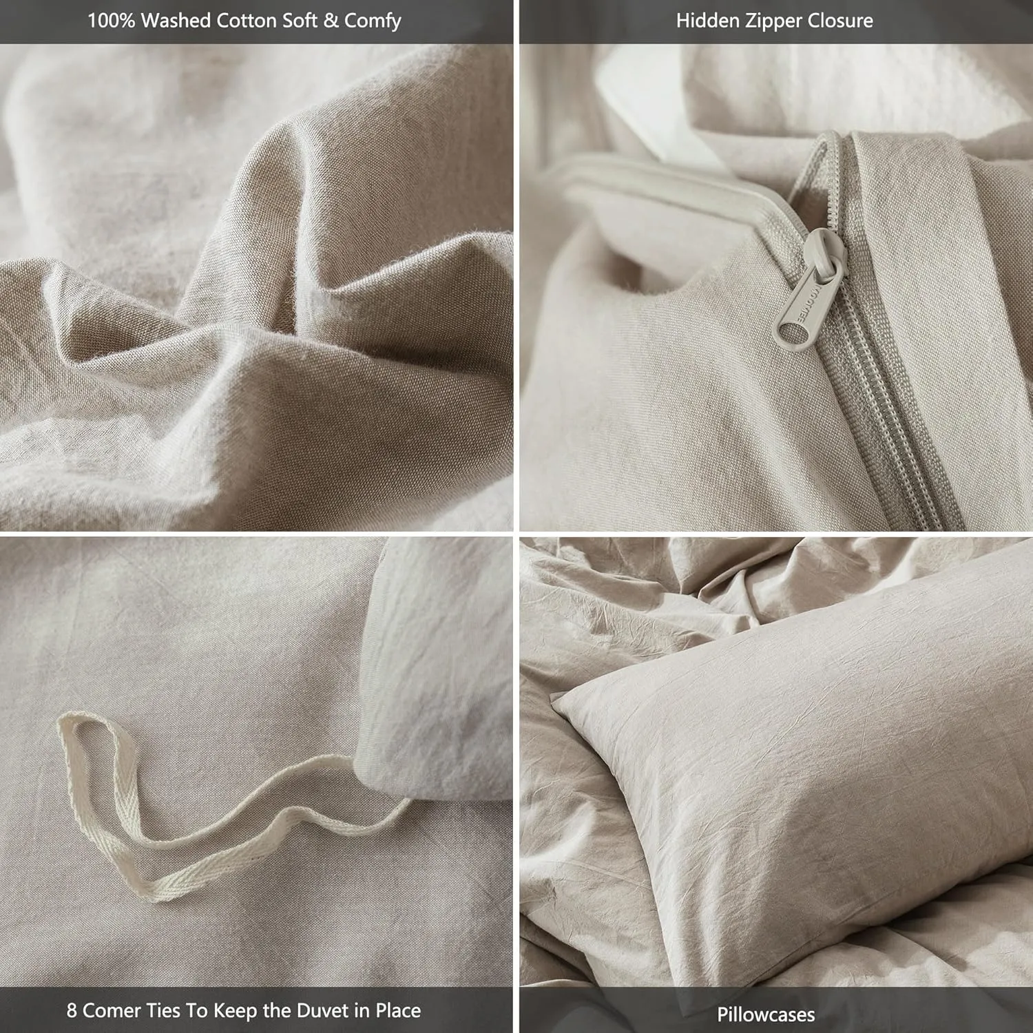 MooMee Bedding Duvet Cover Set 100% Washed Cotton Linen Like Textured Breathable Durable Soft Comfy (Heathered Tannish Linen Grey, Queen 90"x90")