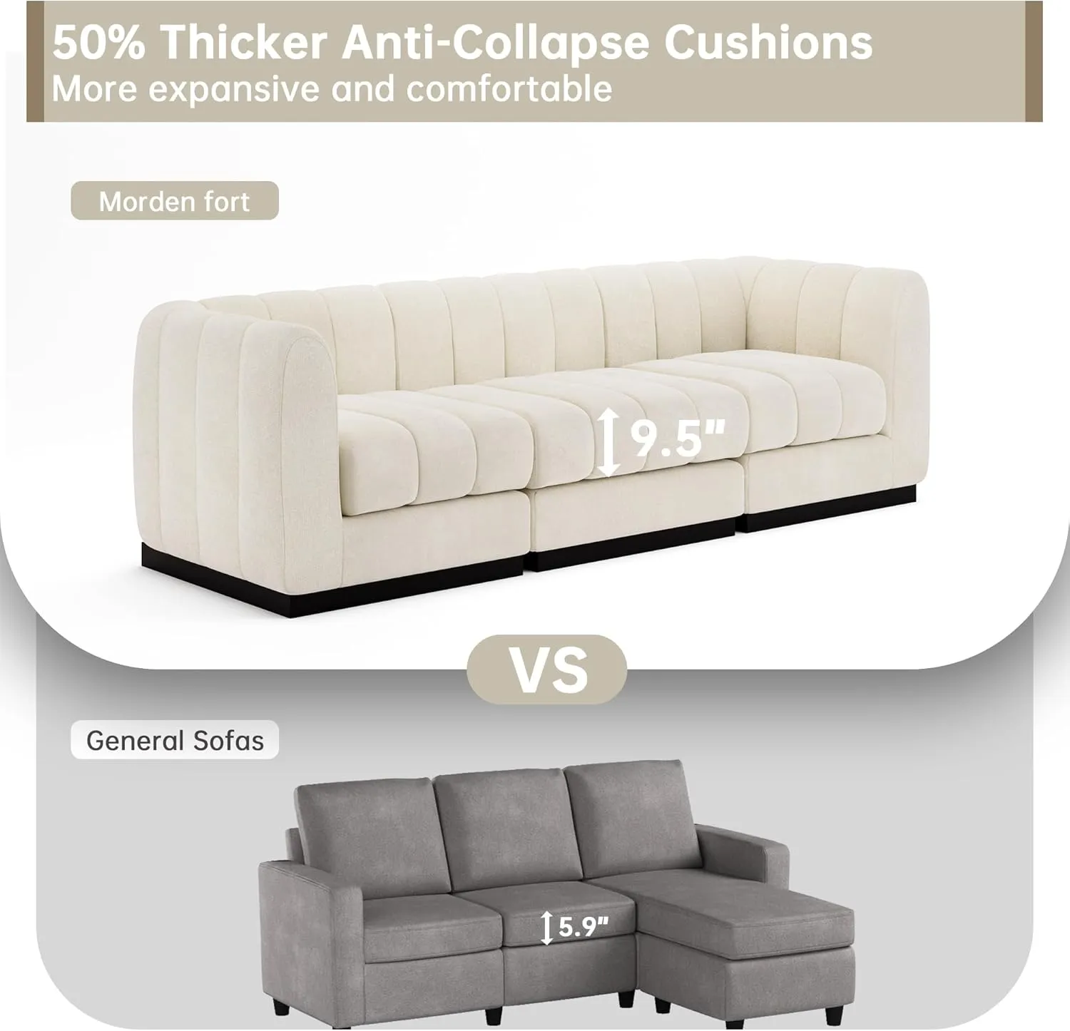 Morden Fort 128'' Oversized Sofa Couch Extra Deep 4 Seater Couch Modular Convertible Sectional Sofa Set Comfy Modern Sofas Couches for Living Room Apartment Bedroom Chenille Beige