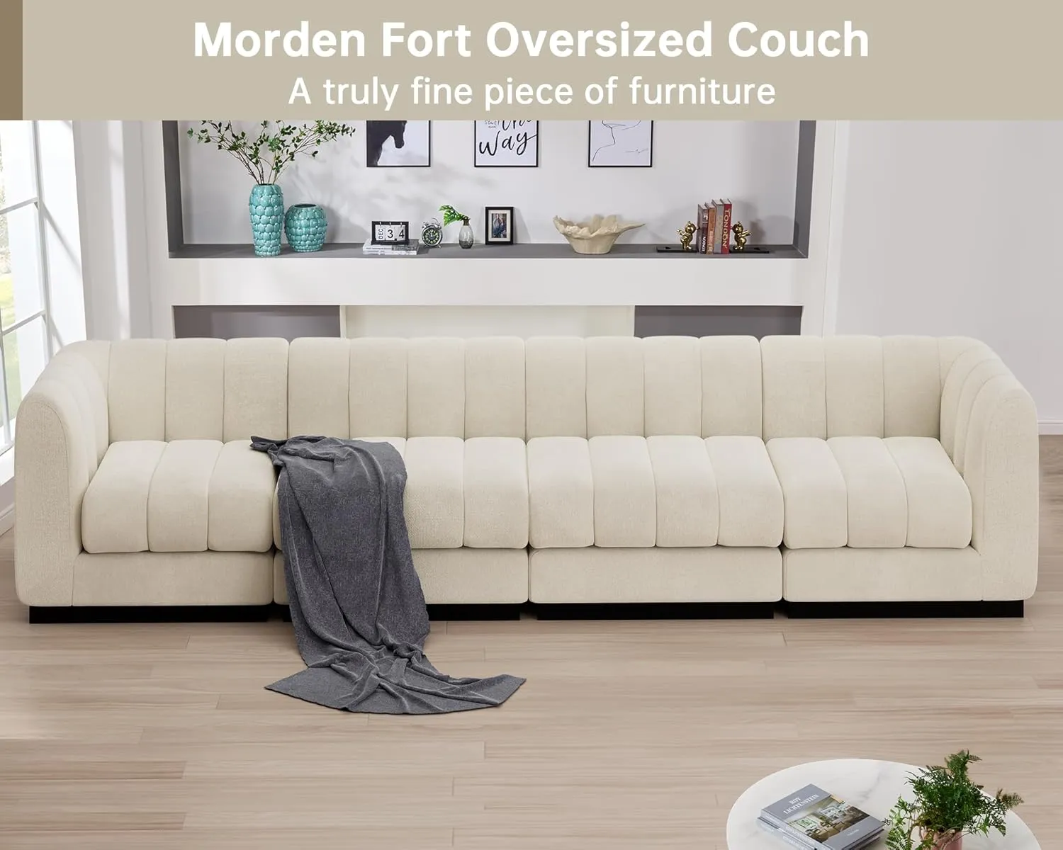 Morden Fort 128'' Oversized Sofa Couch Extra Deep 4 Seater Couch Modular Convertible Sectional Sofa Set Comfy Modern Sofas Couches for Living Room Apartment Bedroom Chenille Beige