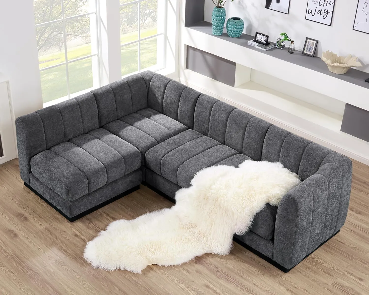 Morden Fort 128'' Oversized Sofa Couch Extra Deep 4 Seater Couch Modular Convertible Sectional Sofa Set Comfy Modern Sofas Couches for Living Room Apartment Bedroom Chenille Grey