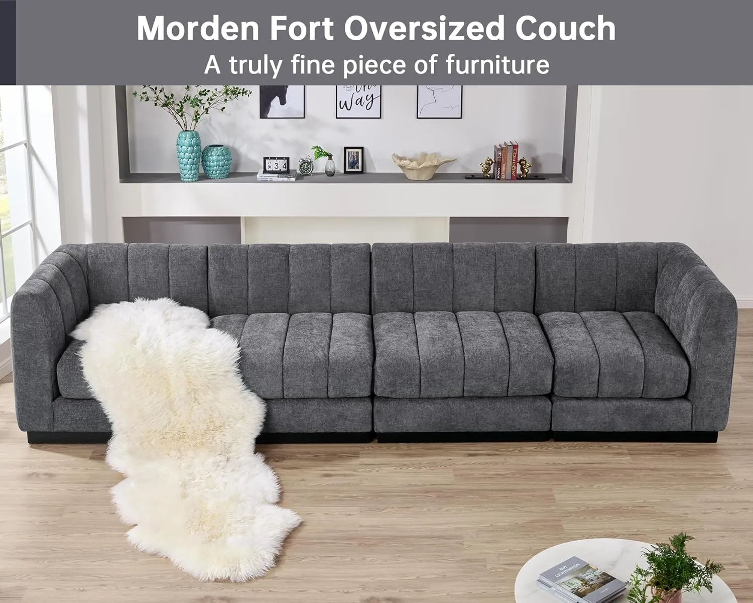 Morden Fort 128'' Oversized Sofa Couch Extra Deep 4 Seater Couch Modular Convertible Sectional Sofa Set Comfy Modern Sofas Couches for Living Room Apartment Bedroom Chenille Grey