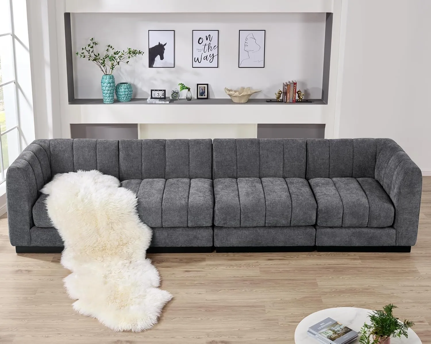 Morden Fort 128'' Oversized Sofa Couch Extra Deep 4 Seater Couch Modular Convertible Sectional Sofa Set Comfy Modern Sofas Couches for Living Room Apartment Bedroom Chenille Grey