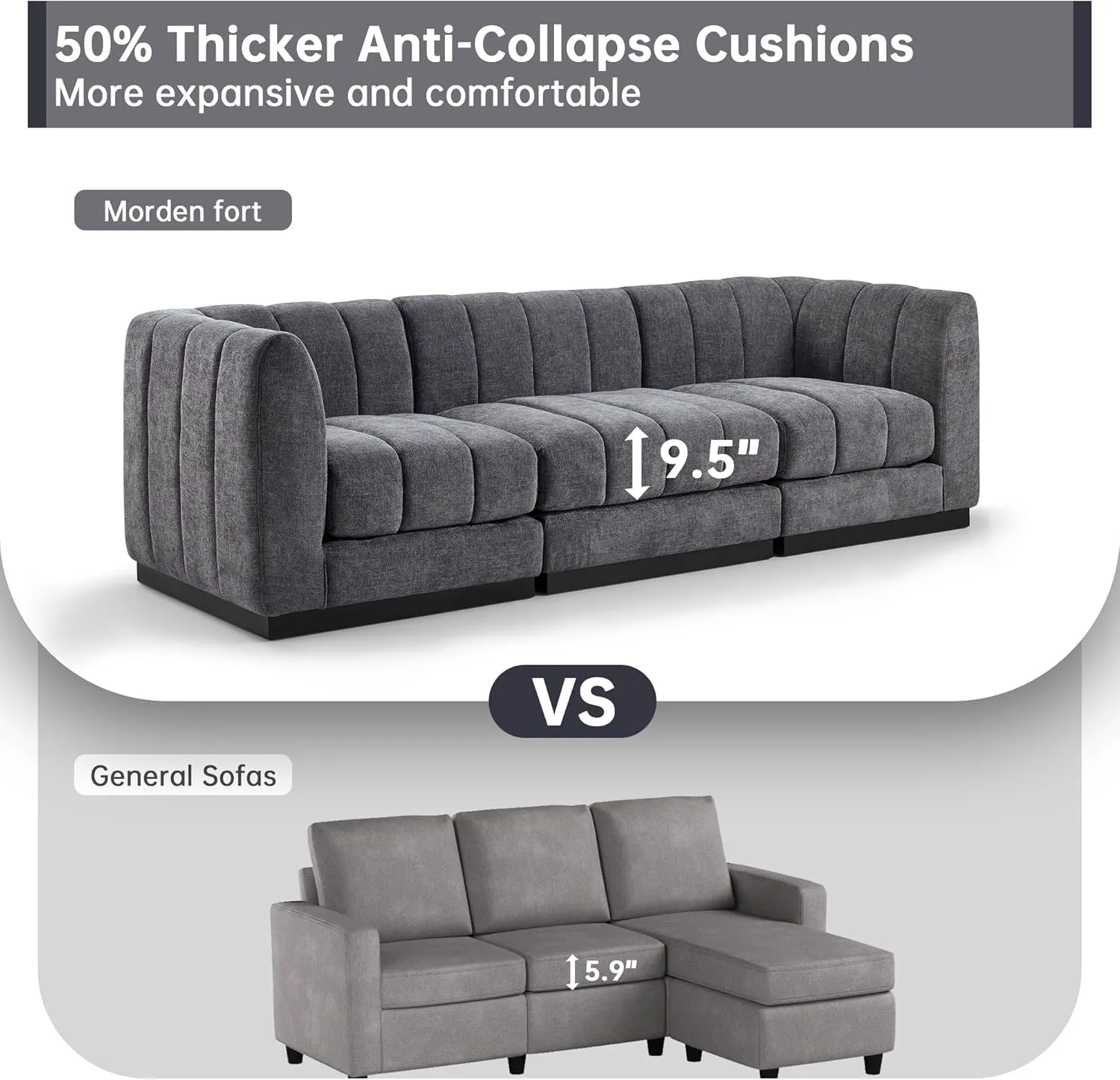 Morden Fort 128'' Oversized Sofa Couch Extra Deep 4 Seater Couch Modular Convertible Sectional Sofa Set Comfy Modern Sofas Couches for Living Room Apartment Bedroom Chenille Grey