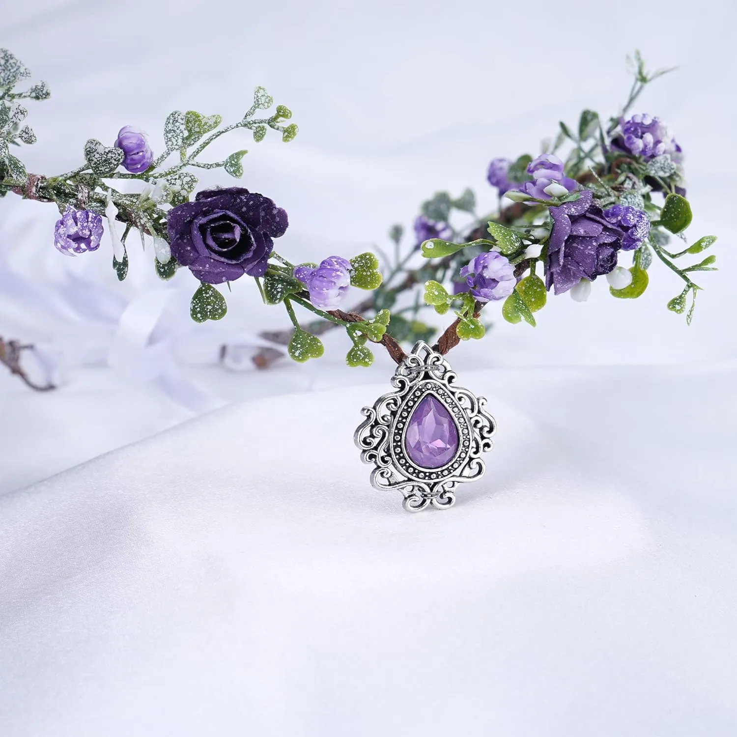 MOSTORY Purple Flower Headpiece - Fairy Floral Crown Woodland Elf Headband Forest Wreath Elven Tiara for Renaissance Cosplay Christmas Wedding Party Bridal Women Girls