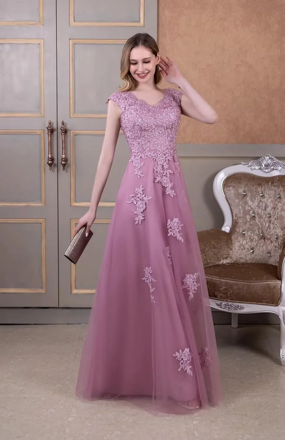 Mother of The Bride Dresses Cap Sleeve V-Neck Long Tulle Formal Evening Gowns for Women with Pockets