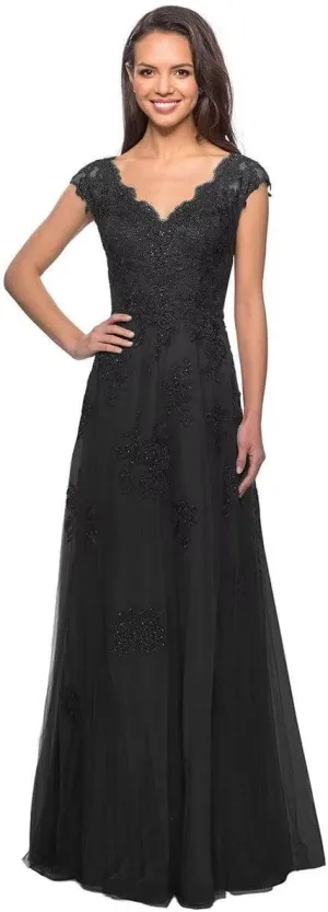 Mother of The Bride Dresses Cap Sleeve V-Neck Long Tulle Formal Evening Gowns for Women with Pockets