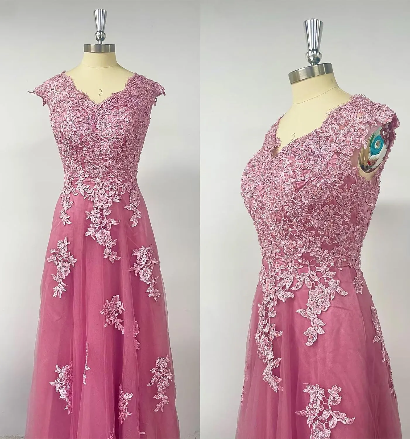 Mother of The Bride Dresses Cap Sleeve V-Neck Long Tulle Formal Evening Gowns for Women with Pockets