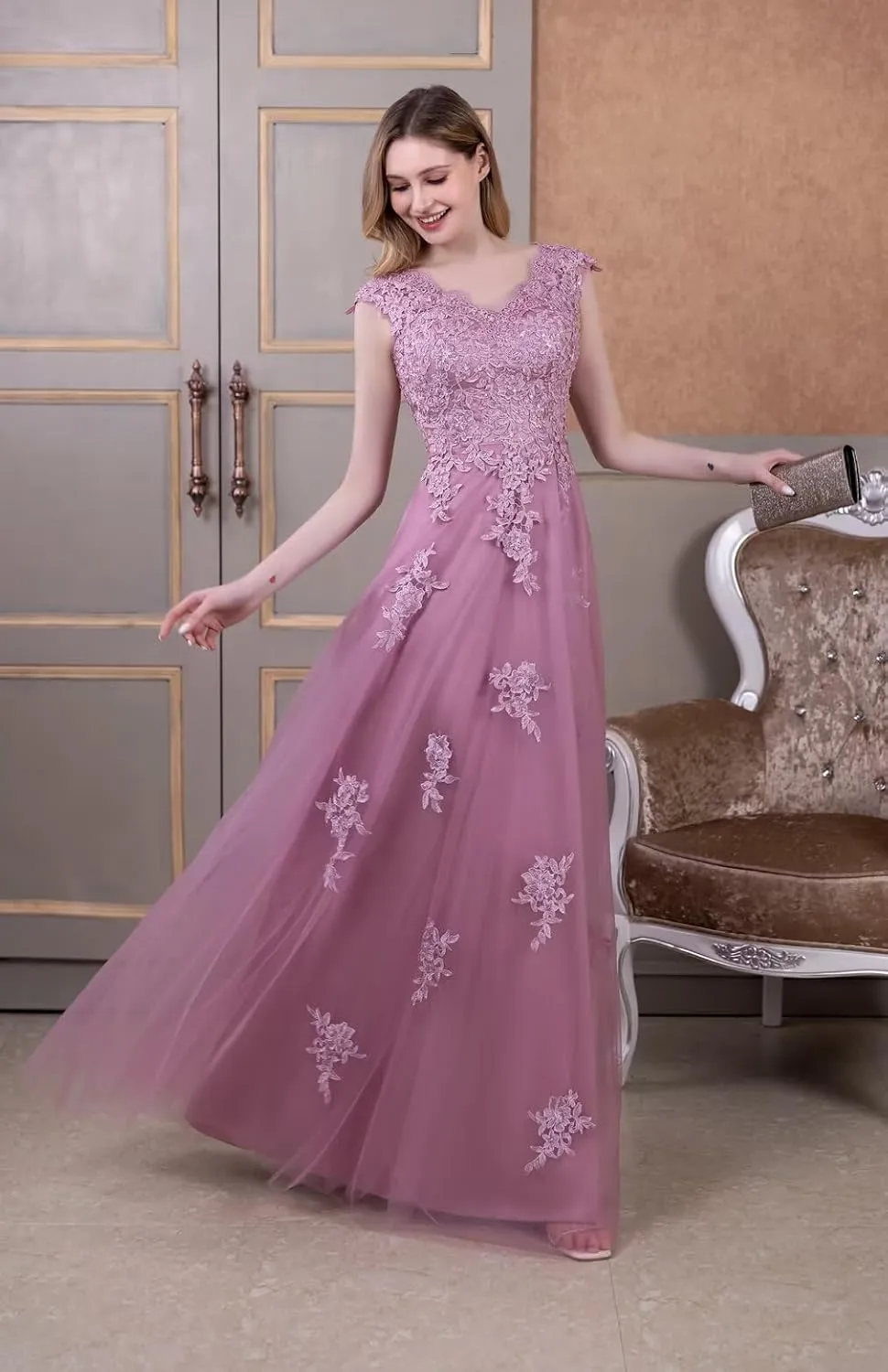 Mother of The Bride Dresses Cap Sleeve V-Neck Long Tulle Formal Evening Gowns for Women with Pockets