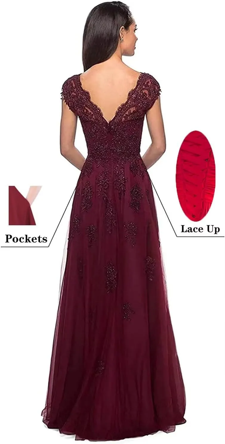 Mother of The Bride Dresses Cap Sleeve V-Neck Long Tulle Formal Evening Gowns for Women with Pockets