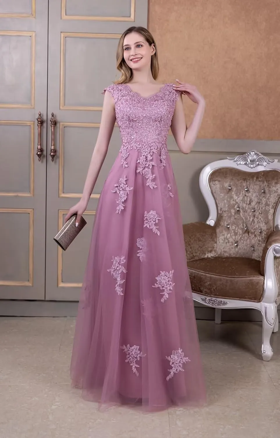 Mother of The Bride Dresses Cap Sleeve V-Neck Long Tulle Formal Evening Gowns for Women with Pockets