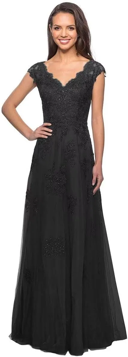 Mother of The Bride Dresses Cap Sleeve V-Neck Long Tulle Formal Evening Gowns for Women with Pockets