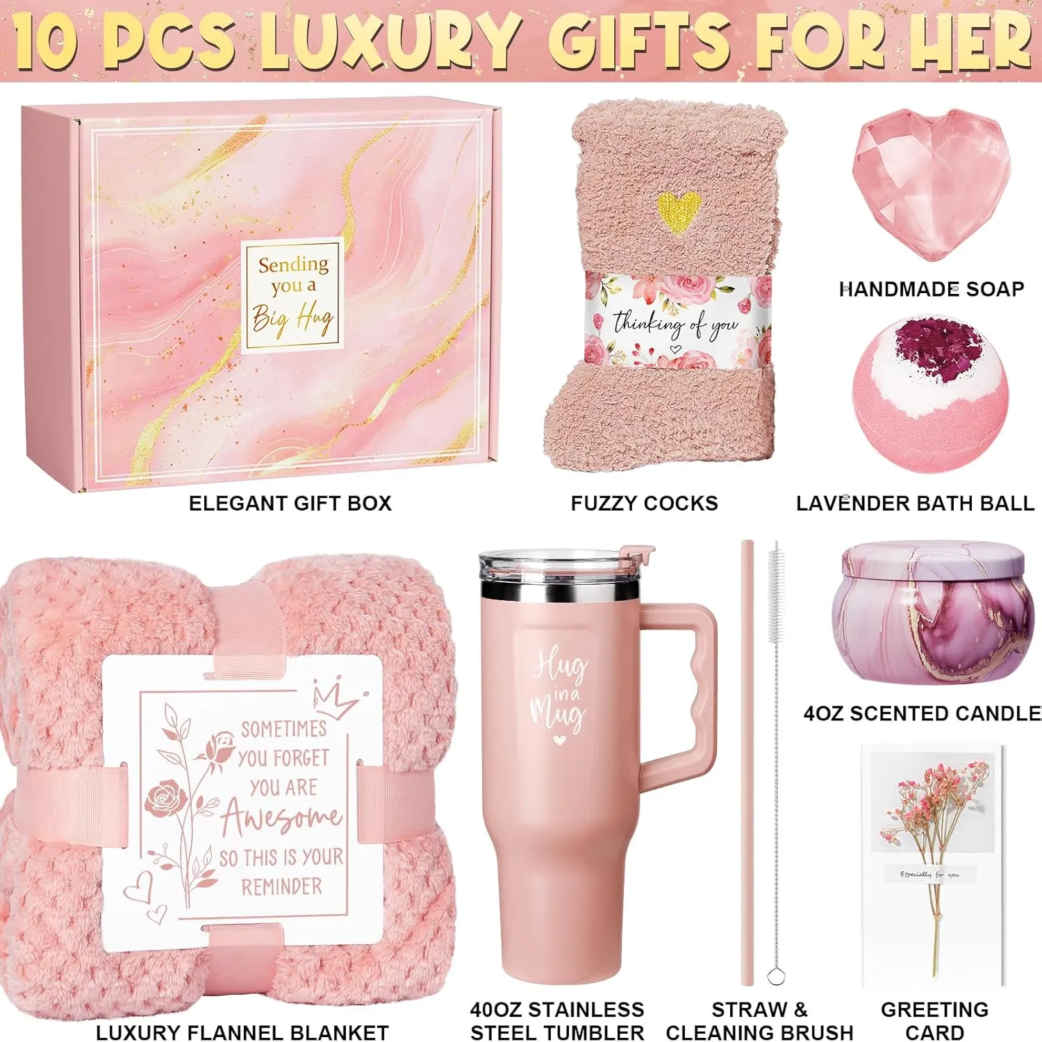 Mother's Day Gifts for Mom - Birthday Gifts for Women Get Well Soon Gifts Self Care Gifts Rose Relaxing Spa Gift Basket Care Package w/ Flannel Blanket 40 OZ Tumbler for Wife Grandma Friend Sister Her