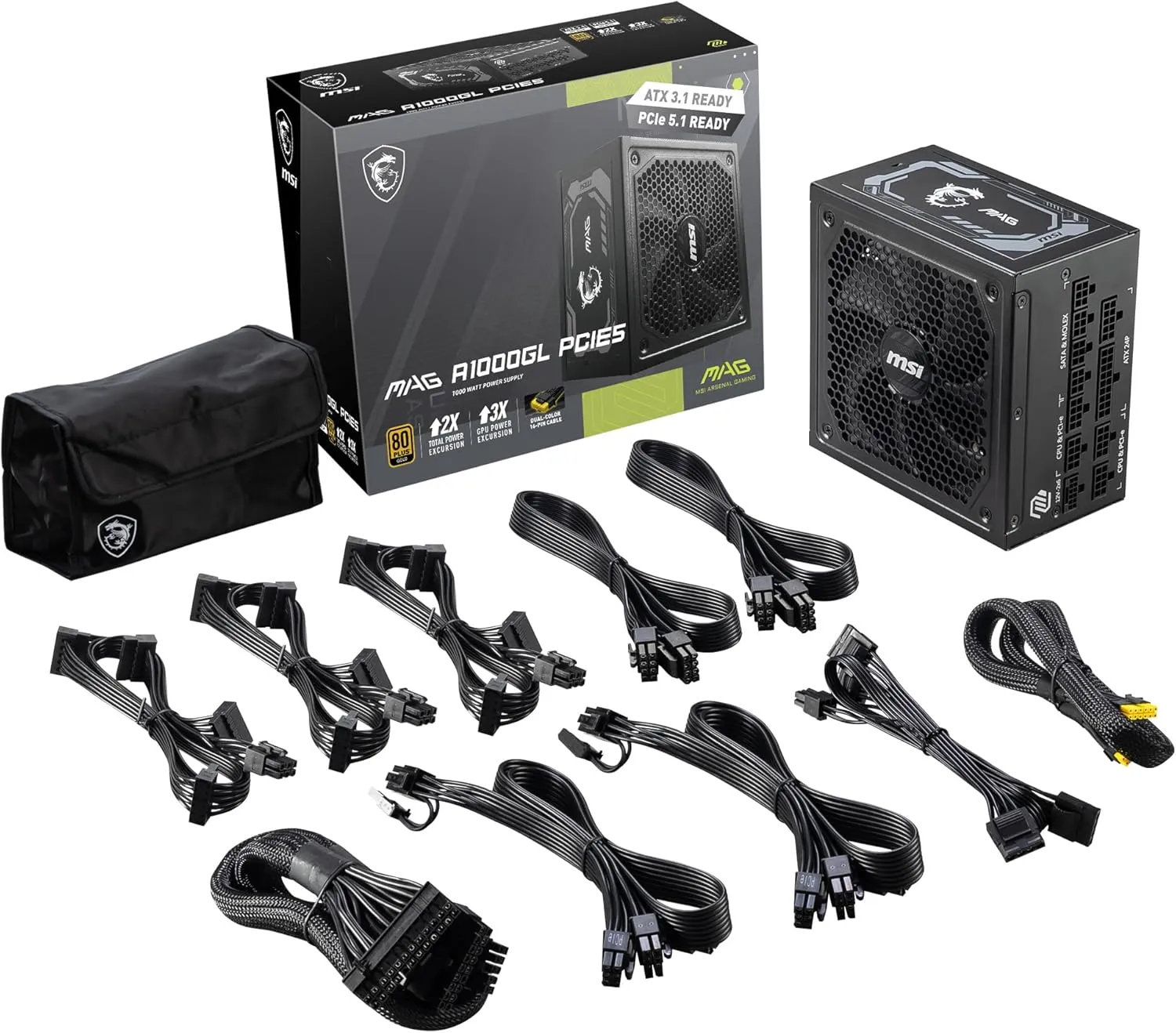 MSI MAG A1000GL PCIE 5 Gaming Power Supply - ATX 3.1 & PCIE 5.1 Ready - Full Modular - 80 Plus Gold Certified 1000W - Compact Size - ATX PSU - 10 Year Warranty