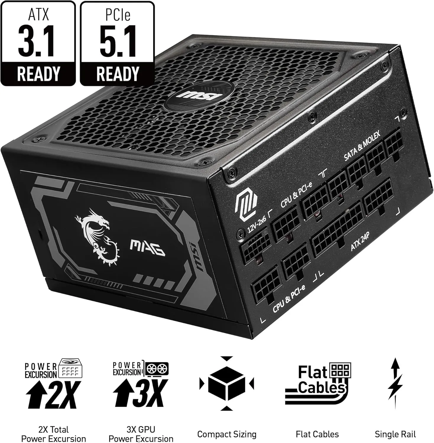 MSI MAG A1000GL PCIE 5 Gaming Power Supply - ATX 3.1 & PCIE 5.1 Ready - Full Modular - 80 Plus Gold Certified 1000W - Compact Size - ATX PSU - 10 Year Warranty